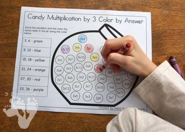 Free Candy Multiplication Color by Answer has numbers 1 to 12 and is an easy no-prep printable - 3Dinosaurs.com #freeprintable #multiplication #thirdgrade #fourthgrade