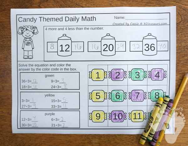 No-Pre Candy Multiplication  & Division with 30 pages of no-prep printables plus math center for multiplication - 3Dinosaurs.com #division #no-prep #multiplication #thirdgrade #fourthgrade