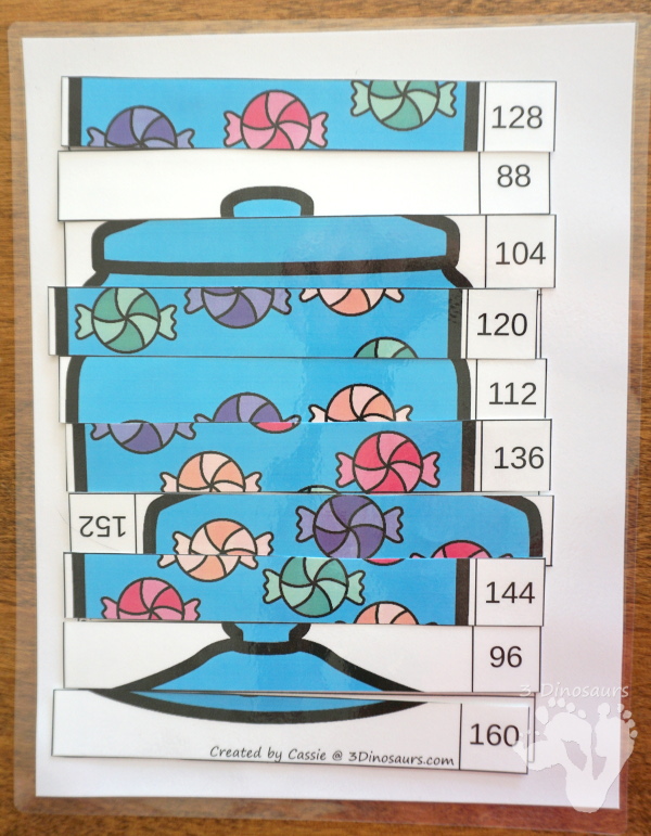 Free Hands-On Candy Themed Skip Counting by 8 Puzzles - work on skip counting by 8 with these fun puzzles. - 3Dinosaurs.com #freeprintable #mathforkids #skipcounting #3dinosaurs