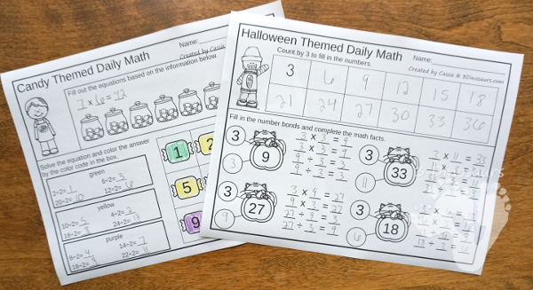 No Prep Halloween & Candy Themed Addition & Subtraction and Multiplication & Division - 30 pages no-prep printables with a mix of addition and subtraction or multiplication and division activities plus a math center activities with Halloween and candy themes - 3Dinosaurs.com #noprepmath #tpt #addition #subtraction #multiplication #division #halloween #candytheme #fall