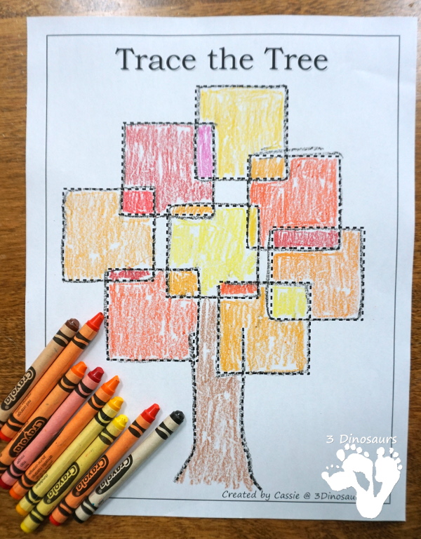 Free Tree Shape Trace and Color - with 12 shapes to trace for the leaves - 3Dinosaurs.com #freeprintable #finemotor #shapes #preschool #kinder