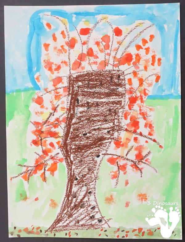 Watercolor Fall Tree - a fun and easy oil pastel and watercolor painting that kids of different ages can do - 3Dinosaurs.com #fall #paintingforkids