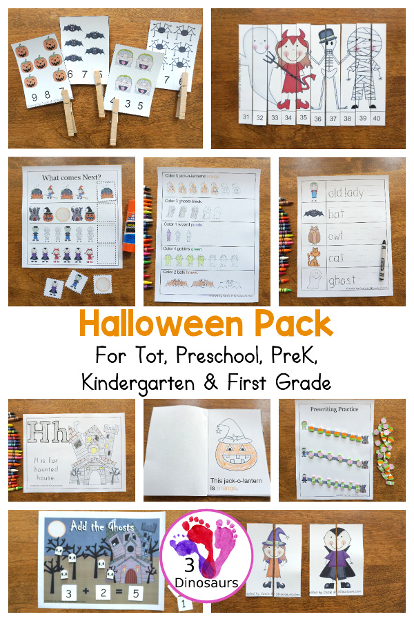 Free Halloween Pack For Tot, Preschool, PreK & Kindergarten - fun printables with a mix of activities with cards, puzzles, hands-on activities and more with a fun Halloween theme that can be used with the book There was an Old Lady who Swallowed a Bat Over 110 pages - 3Dinosaurs.com