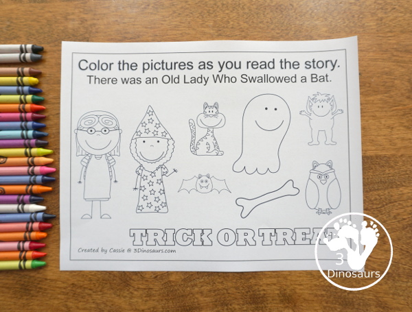 Free Halloween Pack For Tot, Preschool, PreK & Kindergarten - fun printables with a mix of activities with cards, puzzles, hands-on activities and more with a fun Halloween theme that can be used with the book There was an Old Lady who Swallowed a Bat Over 110 pages - 3Dinosaurs.com