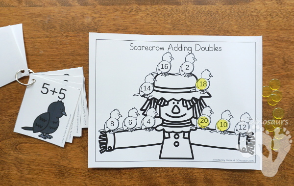 Free Scarecrow Adding Doubles Mini Set - fun way to work on adding doubles from 1 to 10 with a mix of matching cards, no-prep cover mats and hands-on adding mat for first grade - 3Dinosaurs.com
