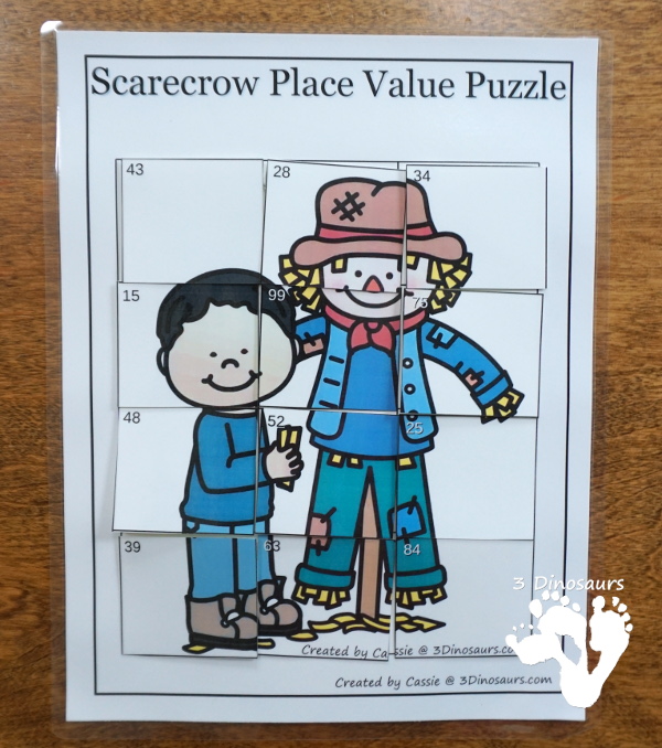 Free Scarecrow Place Value Puzzles - fun puzzles to work on place value with two options of tens and ones or thousand, hundreds, tens and ones with recording sheets, and puzzle mat - 3Dinosaurs.com