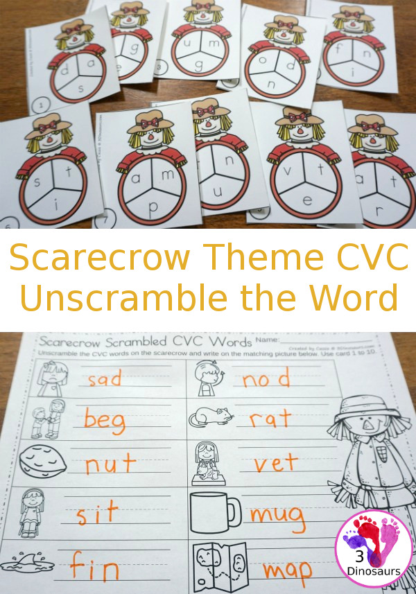 Free Scarecrow Theme CVC Unscramble the Word - 2 set of tack cards with matching recording sheets to use with this fun fall theme of scarecrows - 3Dinosaurs.com