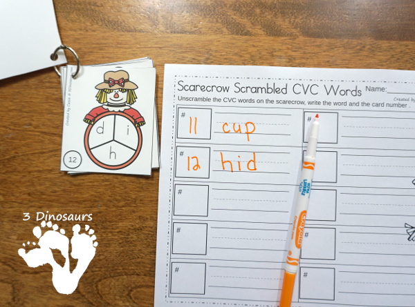 Free Scarecrow Theme CVC Unscramble the Word - 2 sets of tack cards with matching recording sheets to use with this fun fall theme of scarecrows - 3Dinosaurs.com