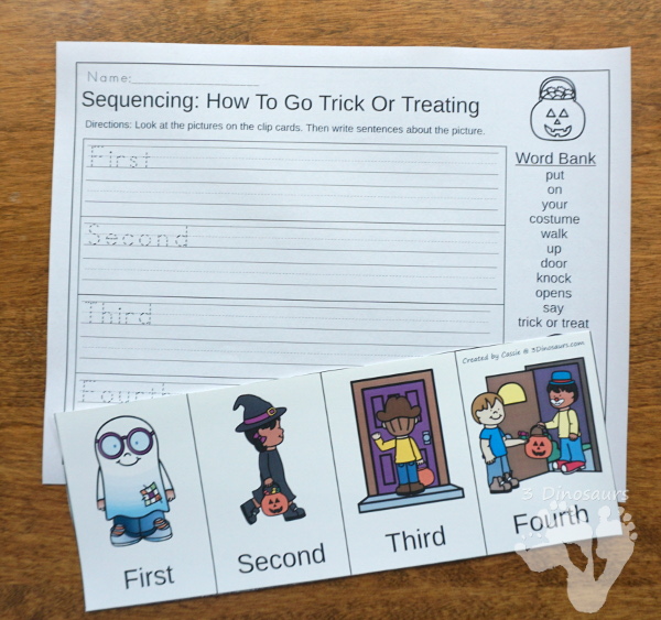 Sequencing: How to Go Trick or Treating with clip cards, task cards, no-prep worksheets and easy reader books $ - 3Dinosaurs.com #printablesforkids #sequencingforkids #halloween #tpt #teacherspayteachers