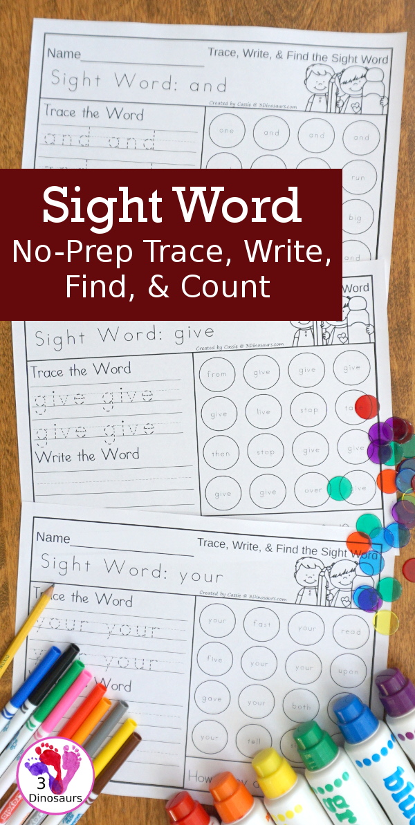 No-Prep Sight Word Trace, Write, Find & Count Bundle - has all 220 Dolch Sight Words: Preprimer, Primer, First Grade, Second Grade, and Third Grade in an easy to use trace, write, find and count for each sight word - 3Dinosaurs.com