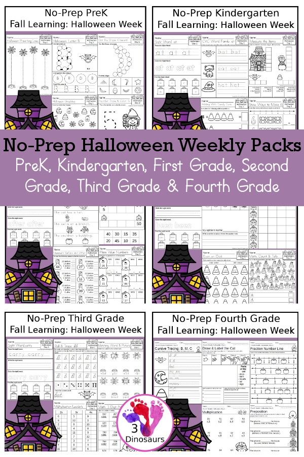 No-Prep Halloween Themed Weekly Packs for PreK, Kindergarten, First Grade, Second Grade, Third Grade & Fourth Grade with 5 days of activities to do for each grade level - These are great for activities to do this fall - 3Dinosaurs.com