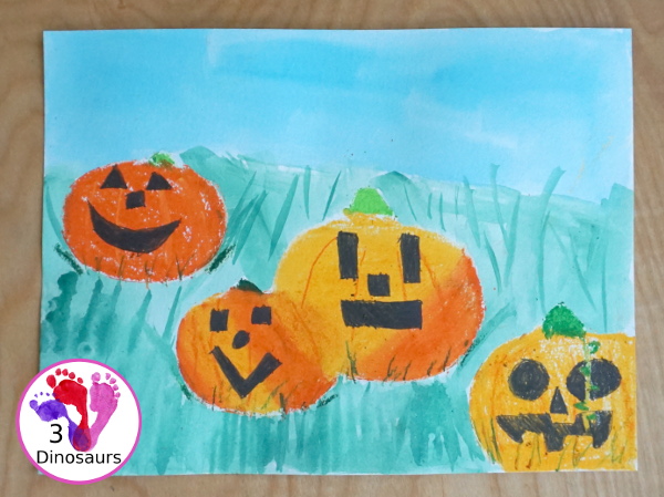 Jack-O-Lantern Patch Oil Pastel and Watercolor - a fun mixed art project for kids to do for Halloween! - 3Dinosaurs.com