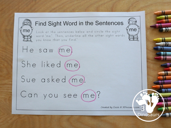 Romping & Roaring Preprimer Sight Words - Find Sight Word in the Sentences - You find the sight words in a sentences with 4 sentences for you to look for the word - 3Dinosaurs.com