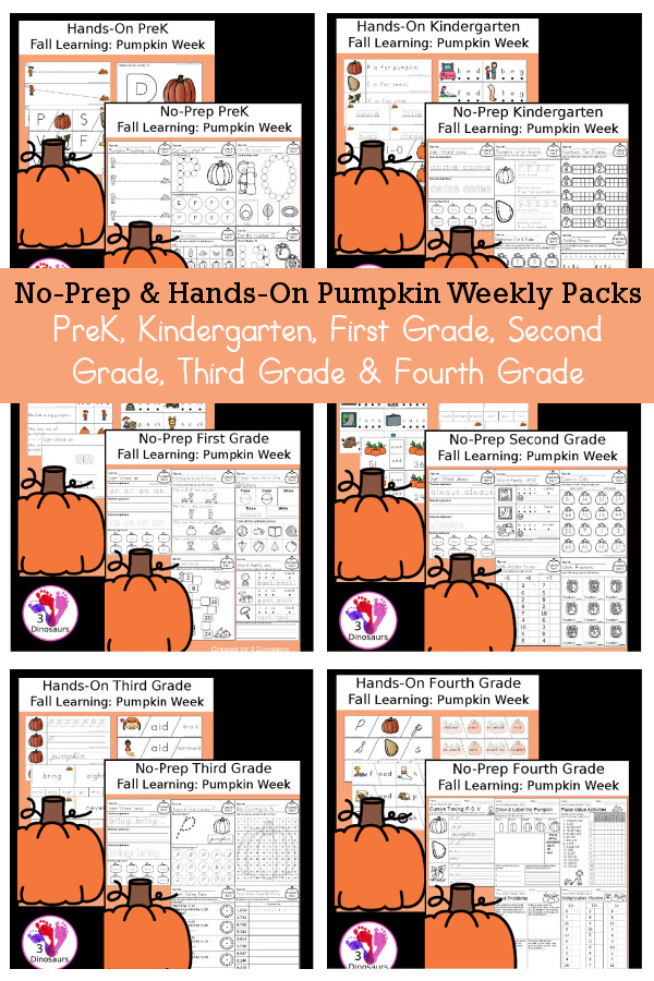 No-Prep & Hands-On Pumpkin Themed Weekly Packs for PreK, Kindergarten, First Grade, Second Grade, Third Grade & Fourth Grade with 5 days of activities to do for each grade level - These are great for activities to do this fall - 3Dinosaurs.com