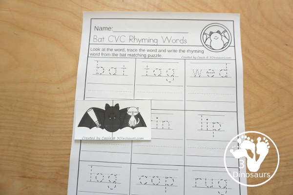 Free Bat Themed Rhyming Matching: CVC, CVCC, & CVCe with 9 matching rhyming cards for CVC word family words, CVCC word family words and CVCe word family words with a matching recording sheet - 3Dinosaurs.com