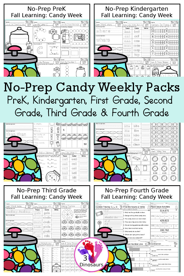 No-Prep Candy Themed Weekly Packs for PreK, Kindergarten, First Grade, Second Grade, Third Grade & Fourth Grade with 5 days of activities to do for each grade level - These are great for activities to do this fall - 3Dinosaurs.com