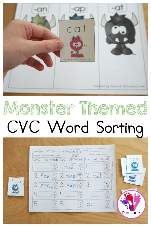 Free Monster CVC Vowel Sorting: AT, AP & AN - a fun sorting mat with three monsters, 5 cvc words to sort to each mat and matching recording sheet for kids in kindergarten learning CVC words - 3Dinosaurs.com