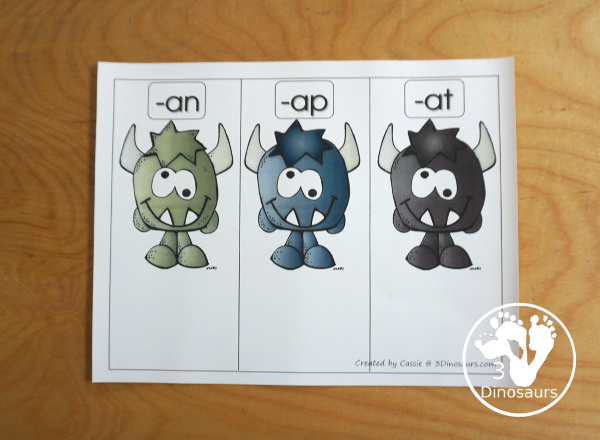 Free Monster CVC Vowel Sorting: AT, AP & AN - a fun sorting mat with three monsters, 5 cvc words to sort to each mat and matching recording sheet for kids in kindergarten learning CVC words - 3Dinosaurs.com