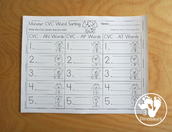 Free Monster CVC Vowel Sorting: AT, AP & AN - a fun sorting mat with three monsters, 5 cvc words to sort to each mat and matching recording sheet for kids in kindergarten learning CVC words - 3Dinosaurs.com