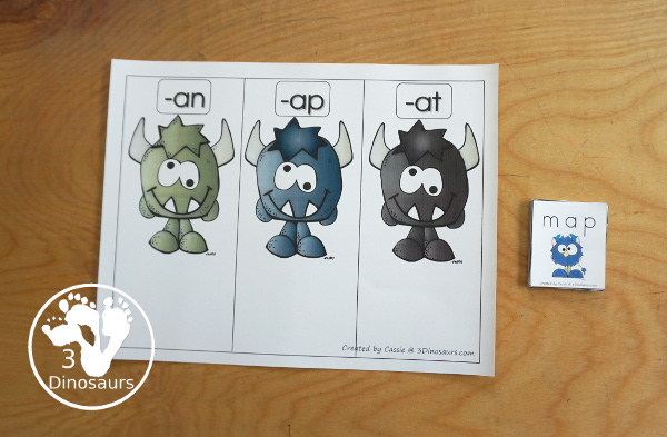 Free Monster CVC Vowel Sorting: AT, AP & AN - a fun sorting mat with three monsters, 5 cvc words to sort to each mat and matching recording sheet for kids in kindergarten learning CVC words - 3Dinosaurs.com