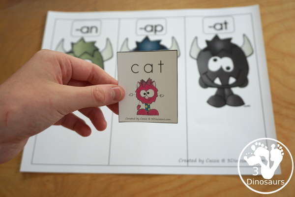 Free Monster CVC Vowel Sorting: AT, AP & AN - a fun sorting mat with three monsters, 5 cvc words to sort to each mat and matching recording sheet for kids in kindergarten learning CVC words - 3Dinosaurs.com