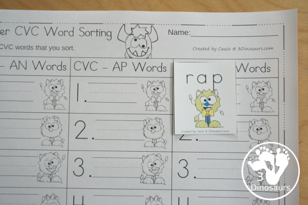 Free Monster CVC Vowel Sorting: AT, AP & AN - a fun sorting mat with three monsters, 5 cvc words to sort to each mat and matching recording sheet for kids in kindergarten learning CVC words - 3Dinosaurs.com