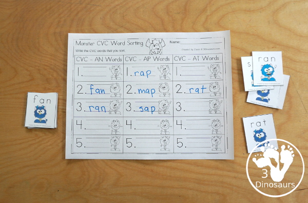 Free Monster CVC Vowel Sorting: AT, AP & AN - a fun sorting mat with three monsters, 5 cvc words to sort to each mat and matching recording sheet for kids in kindergarten learning CVC words - 3Dinosaurs.com