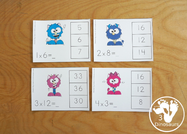 Free Monster Multiplication Clip Cards - with multiplication from 1 to 12 for kids to work on clipping the correct answer for the multiplication with 4 cards for each number with 12 pages of printables - 3Dinosaurs.com