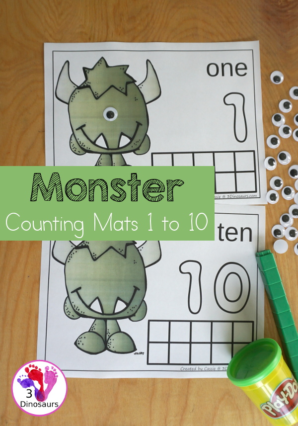 Free Monster Count Mats from 1 to 10 - Easy to use monster counting mats with numbers 1 to 10 with playdough number, counting area and ten frames - 3Dinosaurs.com