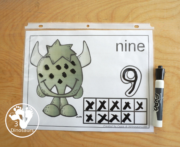 Free Monster Count Mats from 1 to 10 - Easy to use monster counting mats with numbers 1 to 10 with playdough number, counting area and ten frames - 3Dinosaurs.com