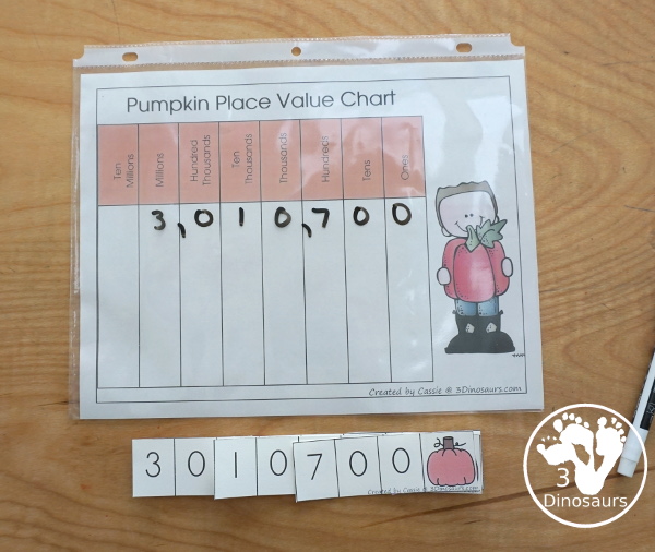 Free Pumpkin Spin & Write Place Value - You have 5 different spinners and 4 recording mats in color and black and white with place value from ones to Ones, Tens, Hundreds, Thousands, Ten Thousand, Hundred Thousands, Million, & Ten Million  - 3Dinosaurs.com