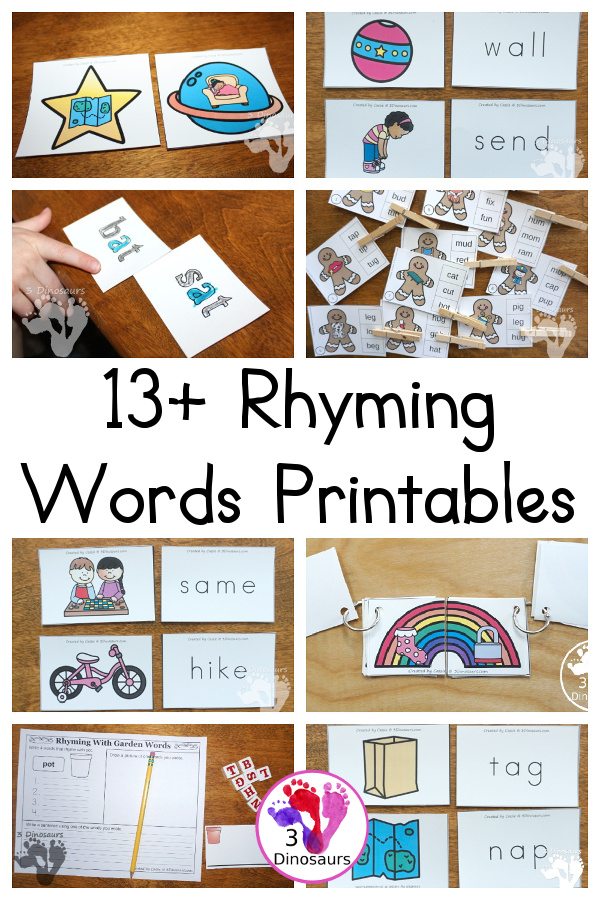 Rhyming Word Printables - with CVC, CVCC, CVCe and more with matching, writing and finding rhyming words. Easy to use rhyming word printables - 3Dinosaurs.com