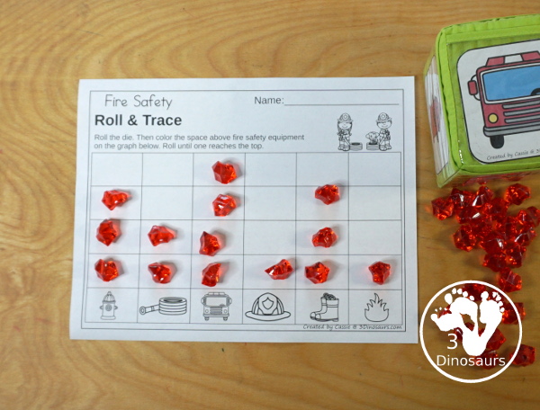  Free Fire Safety Roll & Graph Printable dice and graphing worksheets with coloring graphing and graphing with tracing numbers 1 to 6 and 7 to 12.- 3Dinosaurs.com