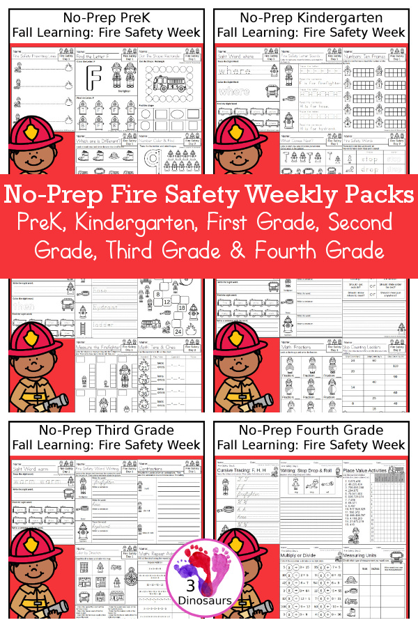 No-Prep Fire Safety Themed Weekly Packs for PreK, Kindergarten, First Grade, Second Grade, Third Grade & Fourth Grade with 5 days of activities to do for each grade level - These are great for activities to do this fall -  - 3Dinosaurs.com