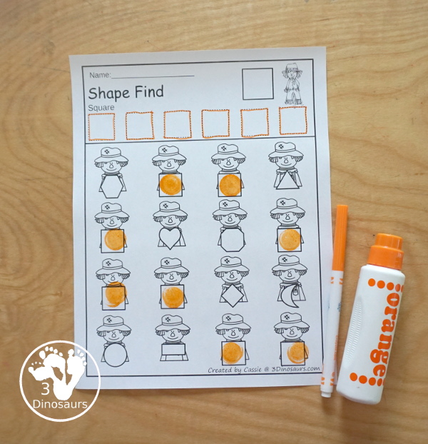 Scarecrow Themed Shape Find: shape and shape word with tracing $  with 12 shapes for kids to find - 3Dinosaurs.com