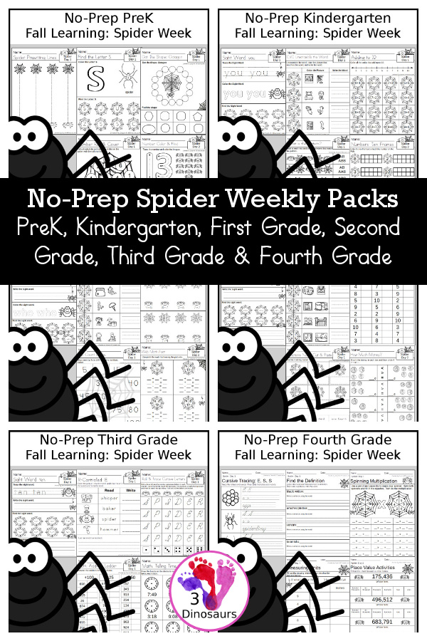 Spider No-Prep Weekly Packs PreK, Kindergarten, First Grade, Second Grade, Third Grade & Fourth Grade with 5 days of activities to do for each grade level With loads of different spider life cycle activities for fall - You will find a mix of math, language, and more - These are easy to use packs for life cycle of a spider, fall learning, homework, early finisher, and morning work. Easy no-prep printables for kids with four pages for each day - 3Dinosaurs.com