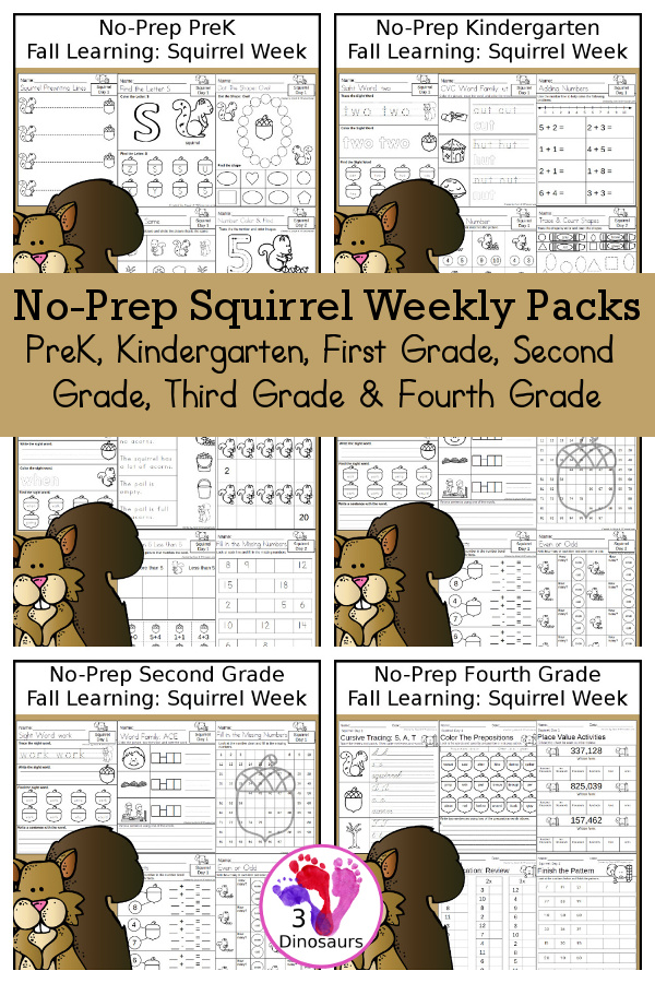 Squirrel No-Prep Weekly Packs PreK, Kindergarten, First Grade, Second Grade, Third Grade & Fourth Grade with 5 days of activities to do for each grade level With loads of different squirrel activity for fall- You will find a mix of math, language, and more - These are easy to use packs for squirrel activities, fall learning, homework, early finisher, and morning work. Easy no-prep printables for kids with four pages for each day - 3Dinosaurs.com