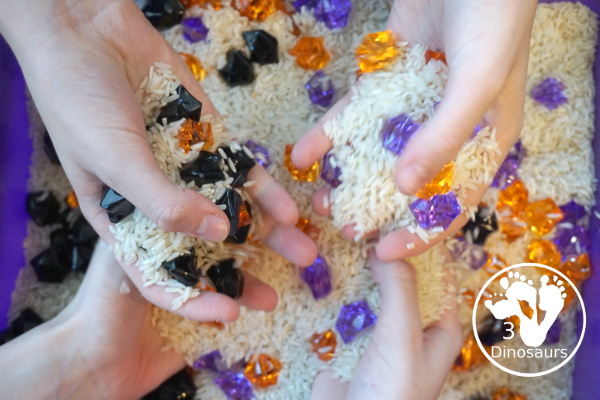 Halloween Black, Orange, and Purple Sensory Bin - a fun rice base sensory bin with colors black, orange and purple for the colors.- 3Dinosaurs.com