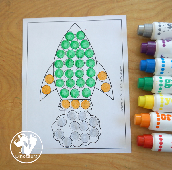 Free Rocket Ship Fine Motor Mat Printables - you have 5 fine motor mats: rocket ship template printable, rocket ship tracing printable, rocket sheet q-tip printable, and rocket sheet dot marker printable - 3Dinosaurs.com