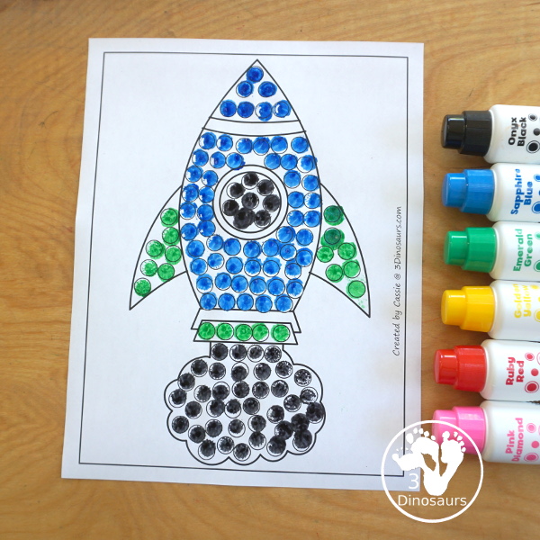 Free Rocket Ship Fine Motor Mat Printables - you have 5 fine motor mats: rocket ship template printable, rocket ship tracing printable, rocket sheet q-tip printable, and rocket sheet dot marker printable - 3Dinosaurs.com