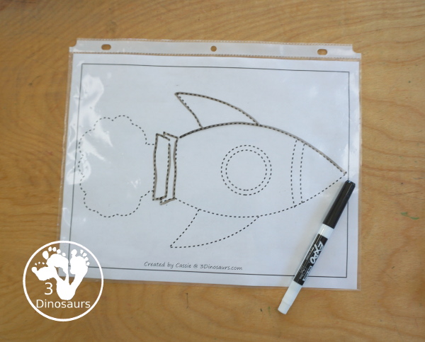 Free Rocket Ship Fine Motor Mat Printables - you have 5 fine motor mats: rocket ship template printable, rocket ship tracing printable, rocket sheet q-tip printable, and rocket sheet dot marker printable - 3Dinosaurs.com