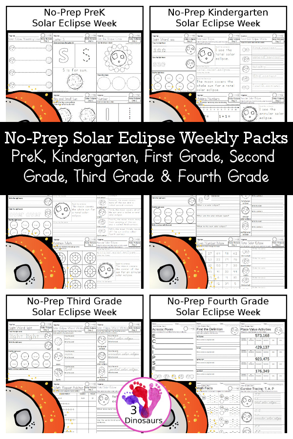 Solar Eclipse No-Prep Weekly Packs PreK, Kindergarten, First Grade, Second Grade, Third Grade & Fourth Grade with 5 days of activities to do for each grade level With loads of different solar Eclipse themes - You will find a mix of math, language, and more - These are easy to use packs for space learning, solar eclipse themes, fun special themes, and morning work. Easy no-prep printables for kids with four pages for each day - 3Dinosaurs.com