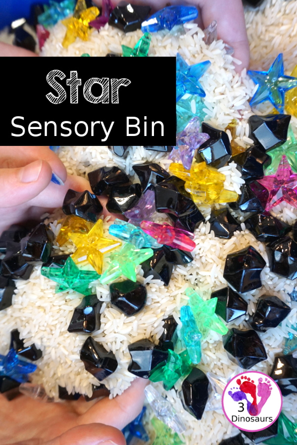 Star Sensory Bin For a Space Theme for kids in preschool, prek and kindergarten. A fun and easy to set up sensory bin with stars, black rocks and rice for base for a space theme - 3Dinosaurs.com