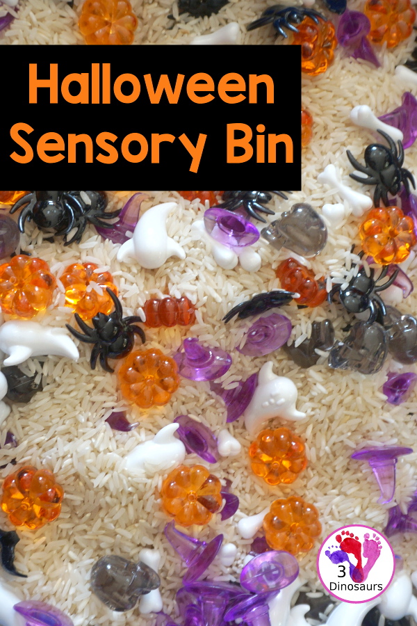 Halloween Sensory Bin - a simple and easy sensory bin for Halloween with different Halloween themes in the sensory bin - 3Dinosaurs.com