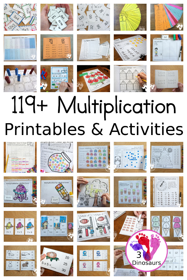 119+ Multiplication Printables & Activities - with multiplication packs, multiplication rolling games, no-prep multiplication worksheets, multiplication flashcards, multiplication clip cards, and more multiplication activities. They are great for second grade, third grade, and fourth grade - 3Dinosaurs.com