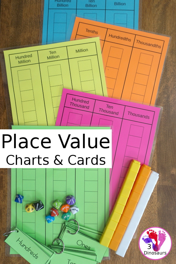 Free Place Value Mats & Cards - charts and cards for place value from ones to billions with tenths, hundredths and thousandths for decimals - 3Dinosaurs.com #freeprintable #handsonmath #mathprintables #firstgrade #secondgrade #thirdgrade #fourthgrade