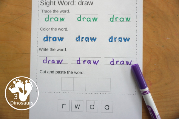 Free Third Grade Sight Word Trace, Color, Write, Cut & Paste Printable - all 41 third grade sight words with 3 sight word tracing, 3 sight word coloring, 3 sight word writing, and cut and paste - 3Dinosaurs.com