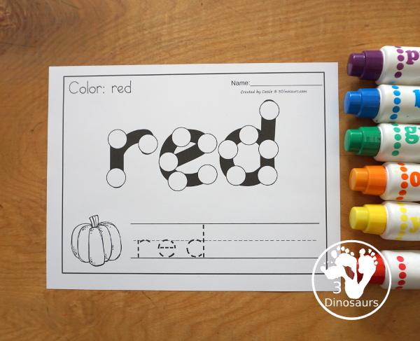 Pumpkin Dot Marker Color Word Printable - a fun printable that has a dot marker color word, a color word to trace, and a pumpkin matching the color or a pumpkin to color to match the word. - 3Dinosaurs.com