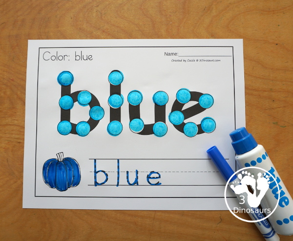 Pumpkin Dot Marker Color Word Printable - a fun printable that has a dot marker color word, a color word to trace, and a pumpkin matching the color or a pumpkin to color to match the word. - 3Dinosaurs.com