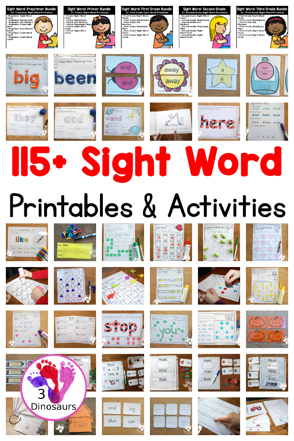 109+ Sight Word Printables & Activities - a huge collection of sight word cards, sight word packs, sight word easy reader books, sight word worksheets, sight word hands-on and more - 3Dinosaurs.com #sightwords #learningtoread #printablesforreading